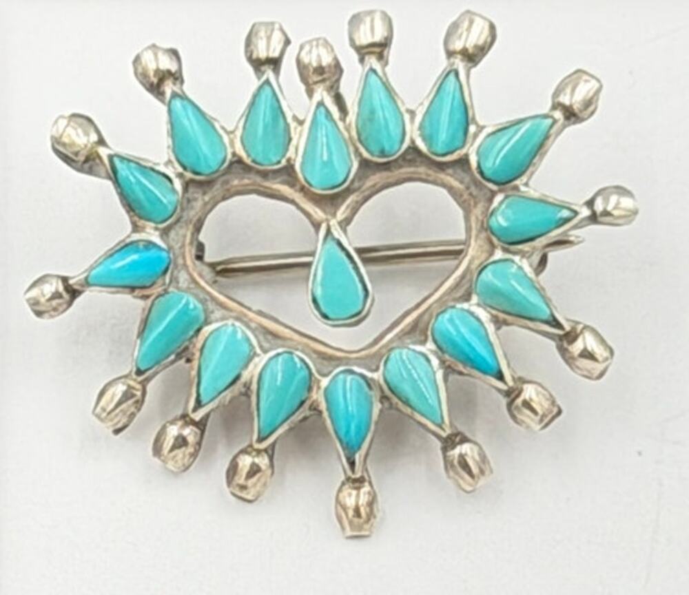 Vintage Zuni Sterling Turquoise Heart Sunburst Brooch Pendant Pin